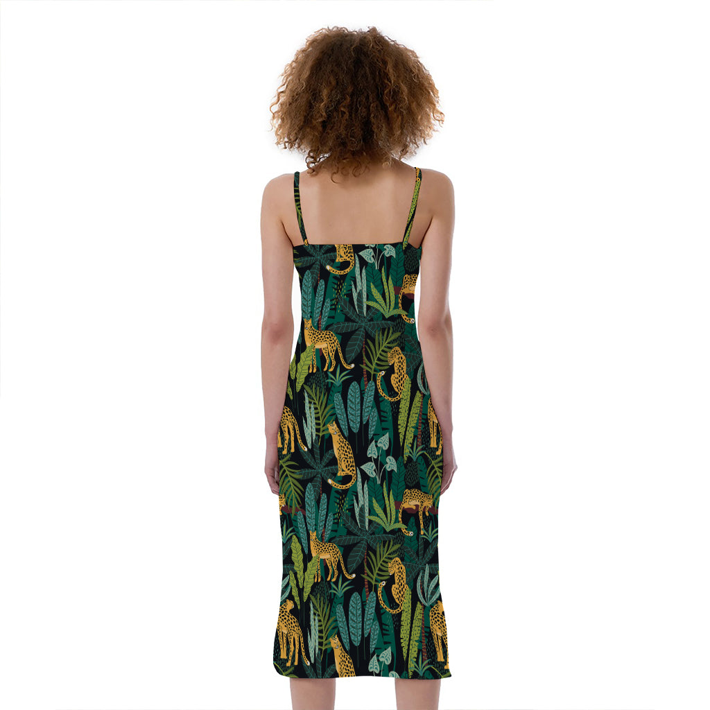 Tropical Jaguar Pattern Print Slim Fit Midi Cami Dress