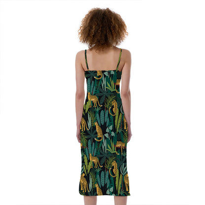 Tropical Jaguar Pattern Print Slim Fit Midi Cami Dress