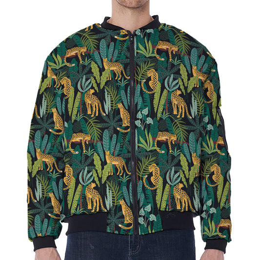 Tropical Jaguar Pattern Print Zip Sleeve Bomber Jacket