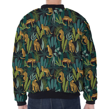 Tropical Jaguar Pattern Print Zip Sleeve Bomber Jacket