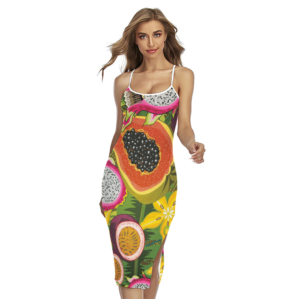 Tropical Jungle Fruits Pattern Print Cross Back Cami Dress