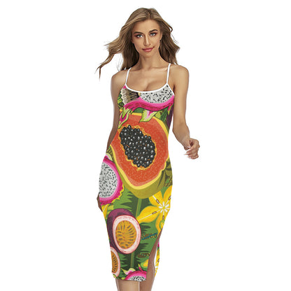 Tropical Jungle Fruits Pattern Print Cross Back Cami Dress