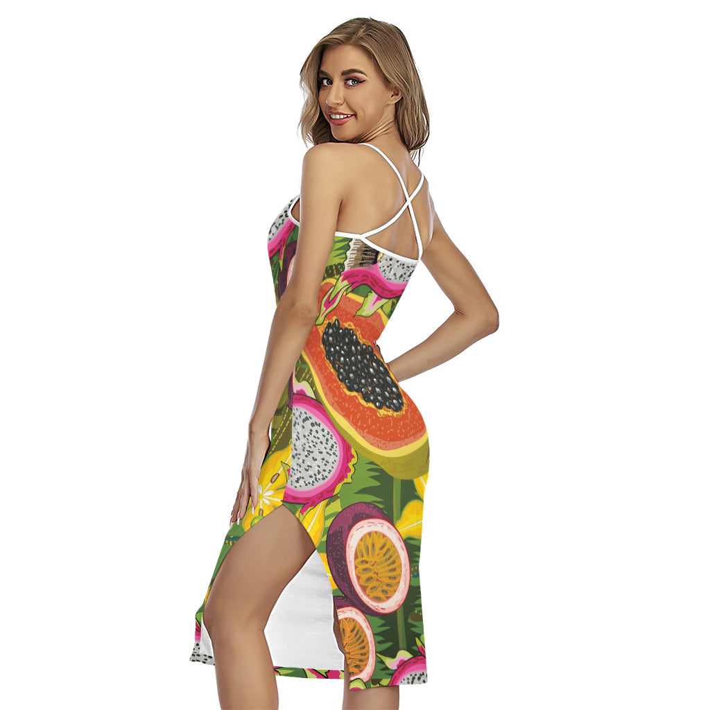 Tropical Jungle Fruits Pattern Print Cross Back Cami Dress