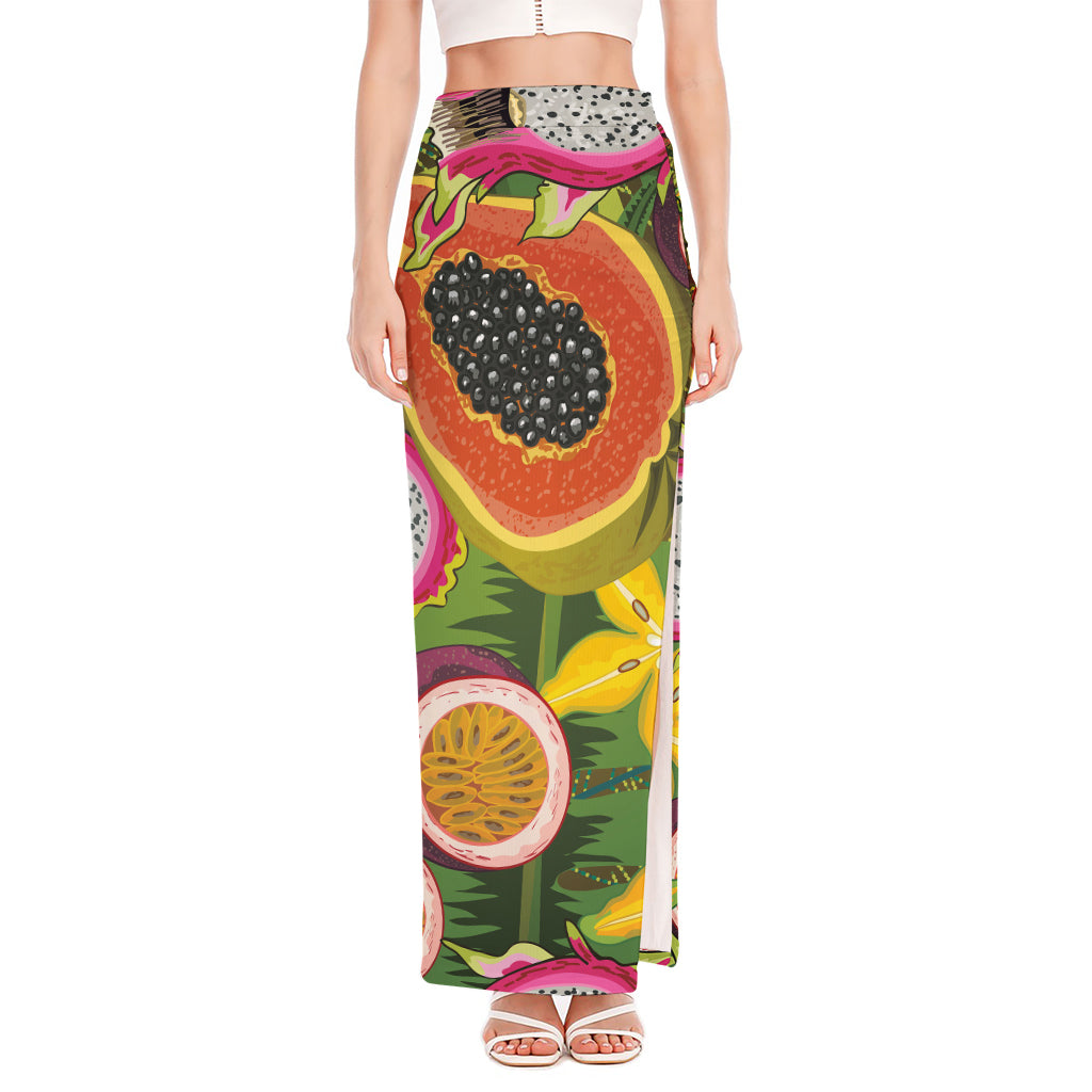 Tropical Jungle Fruits Pattern Print High Slit Maxi Skirt