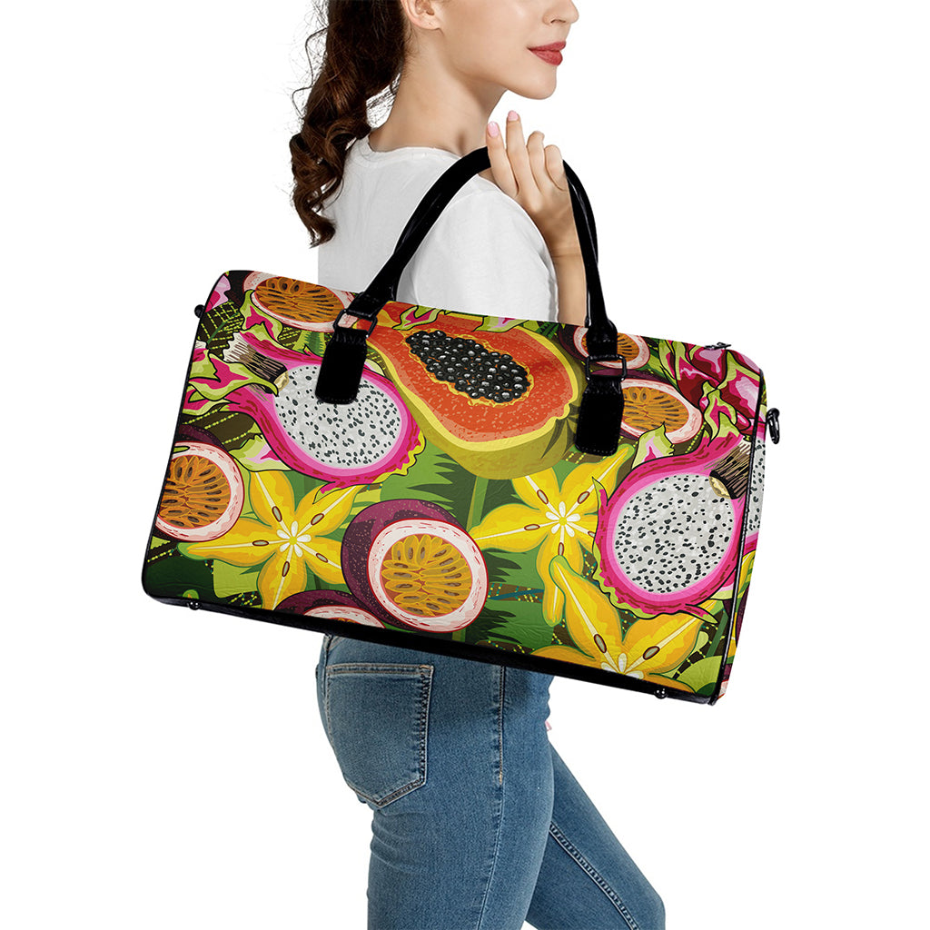 Tropical Jungle Fruits Pattern Print Leather Duffle Bag