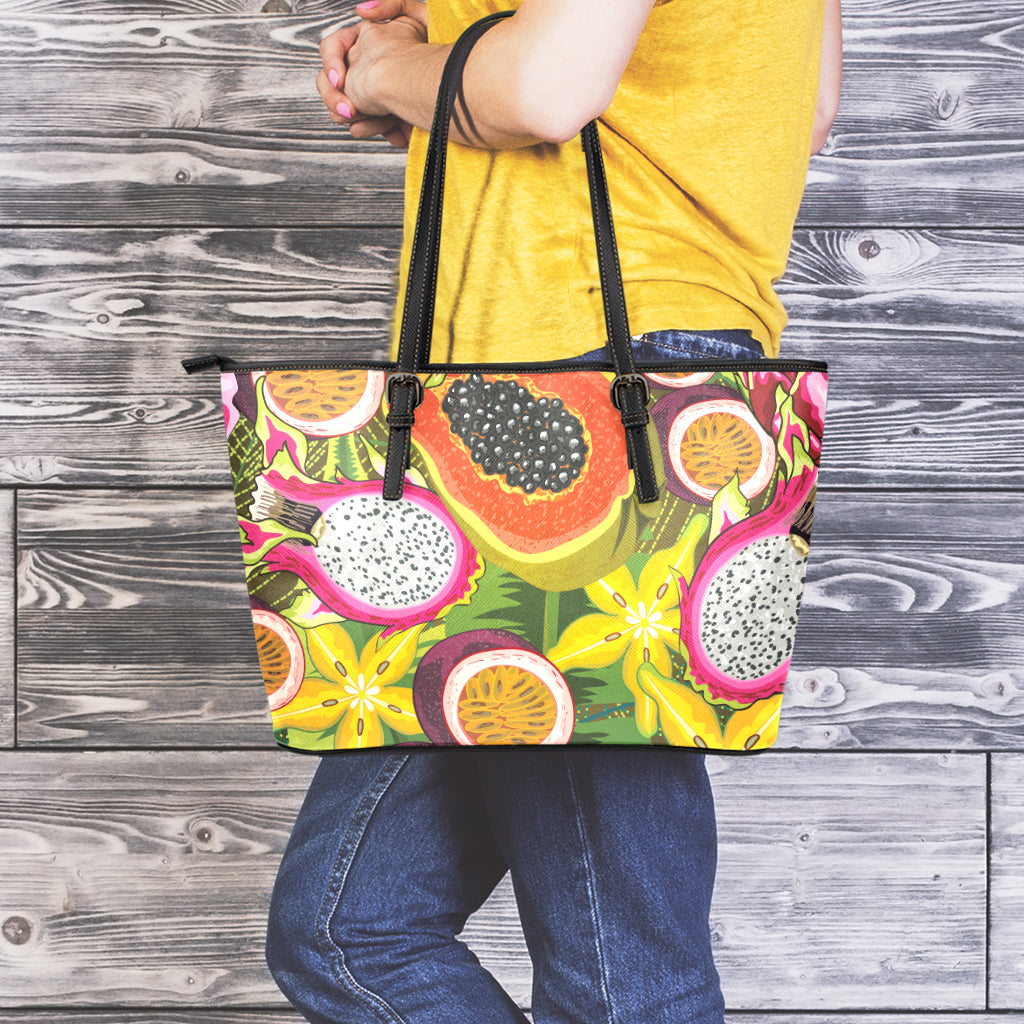 Tropical Jungle Fruits Pattern Print Leather Tote Bag