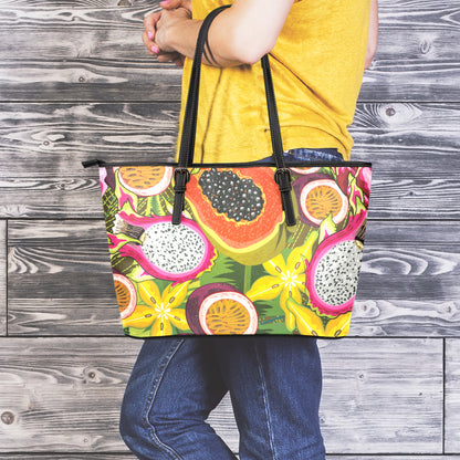 Tropical Jungle Fruits Pattern Print Leather Tote Bag