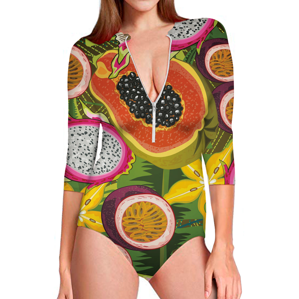 Tropical Jungle Fruits Pattern Print Long Sleeve Swimsuit