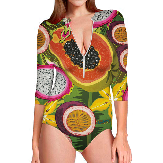 Tropical Jungle Fruits Pattern Print Long Sleeve Swimsuit