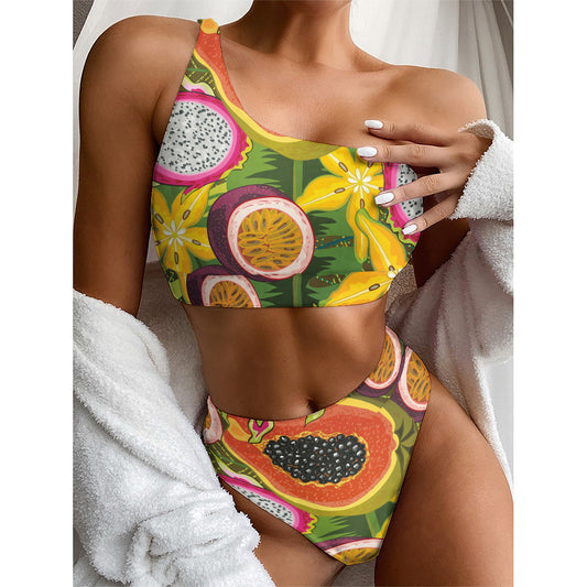 Tropical Jungle Fruits Pattern Print One Shoulder Bikini Top