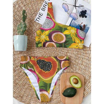 Tropical Jungle Fruits Pattern Print One Shoulder Bikini Top