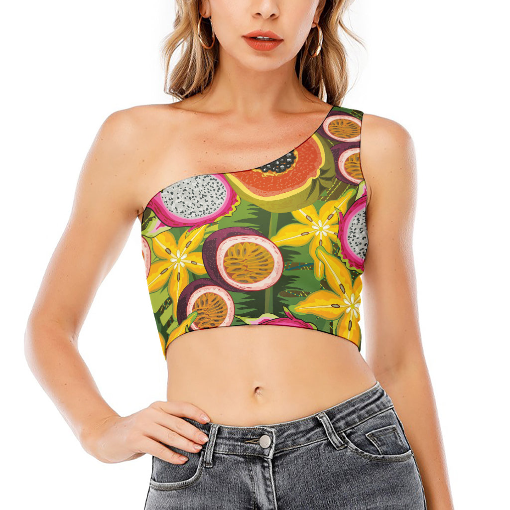 Tropical Jungle Fruits Pattern Print One Shoulder Crop Top