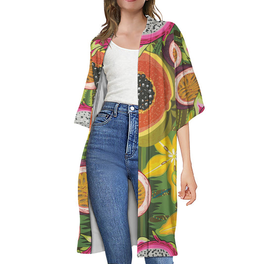 Tropical Jungle Fruits Pattern Print Open Front Beach Cover Up