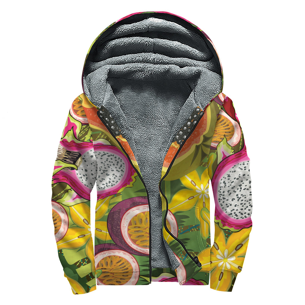 Tropical Jungle Fruits Pattern Print Sherpa Lined Zip Up Hoodie