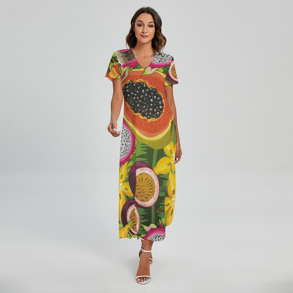 Tropical Jungle Fruits Pattern Print Short Sleeve Maxi Dress