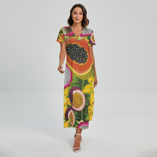 Tropical Jungle Fruits Pattern Print Short Sleeve Maxi Dress