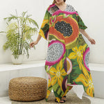 Tropical Jungle Fruits Pattern Print Silk V-Neck Kaftan Dress