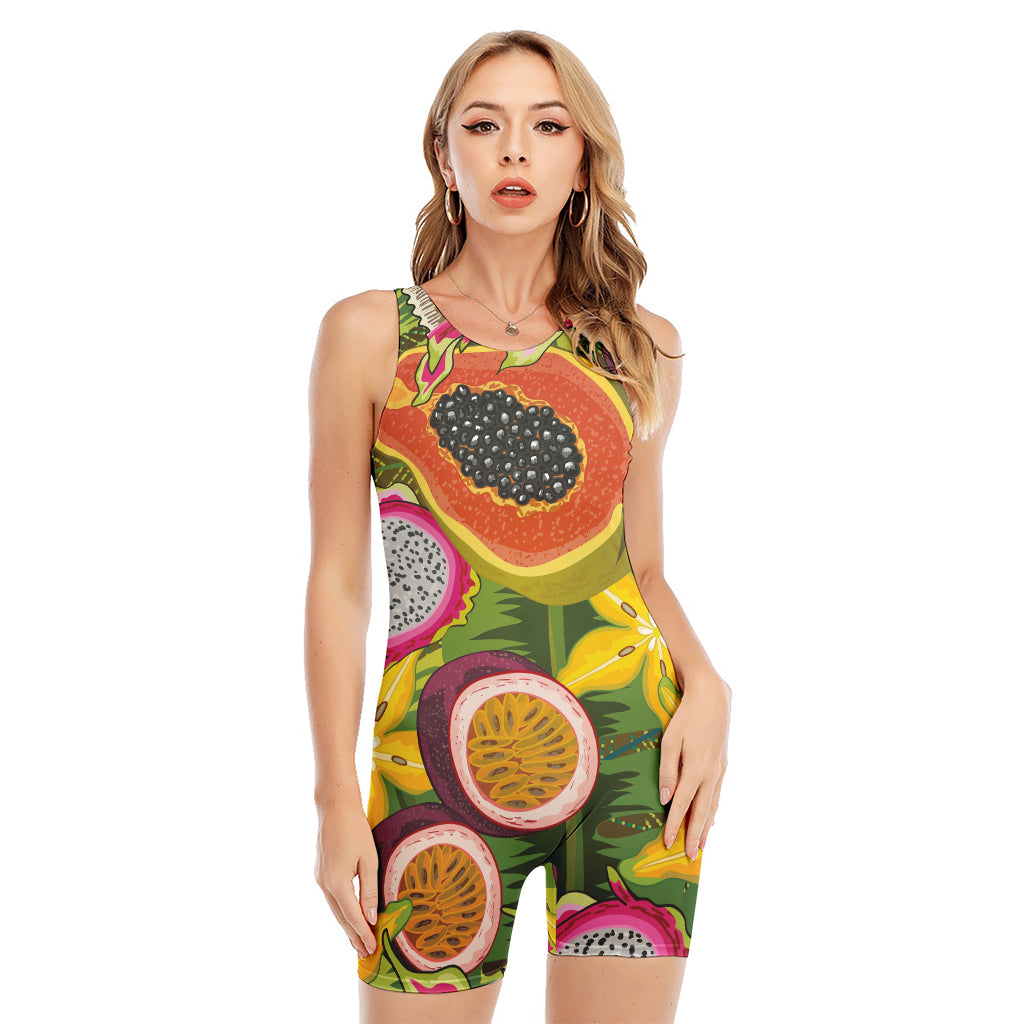 Tropical Jungle Fruits Pattern Print Sleeveless One Piece Swimsuit