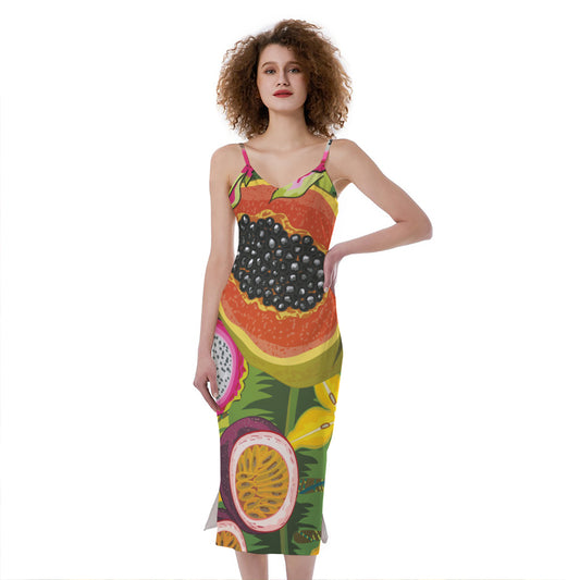 Tropical Jungle Fruits Pattern Print Slim Fit Midi Cami Dress