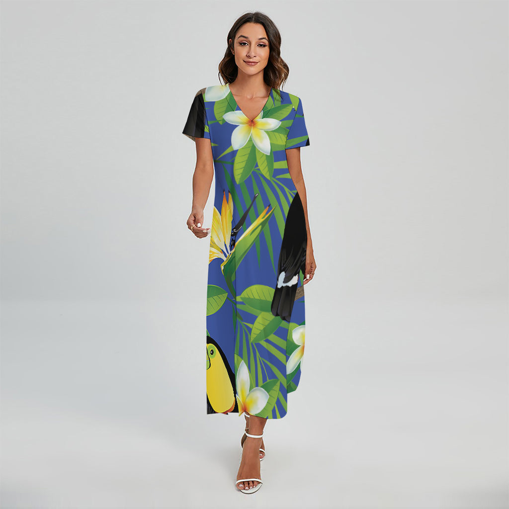 Tropical Keel-Billed Toucan Print Short Sleeve Maxi Dress