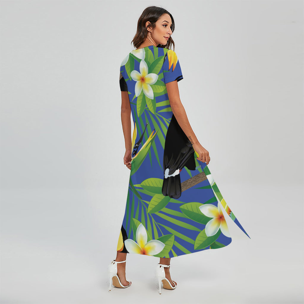 Tropical Keel-Billed Toucan Print Short Sleeve Maxi Dress