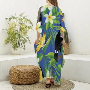 Tropical Keel-Billed Toucan Print Silk V-Neck Kaftan Dress