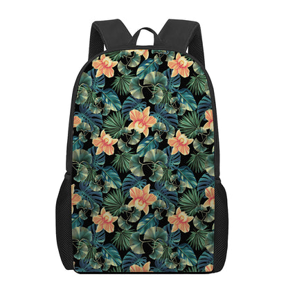 Tropical Leaf And Hawaiian Flower Print 17 Inch Backpack