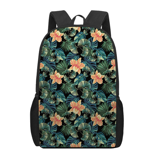 Tropical Leaf And Hawaiian Flower Print 17 Inch Backpack
