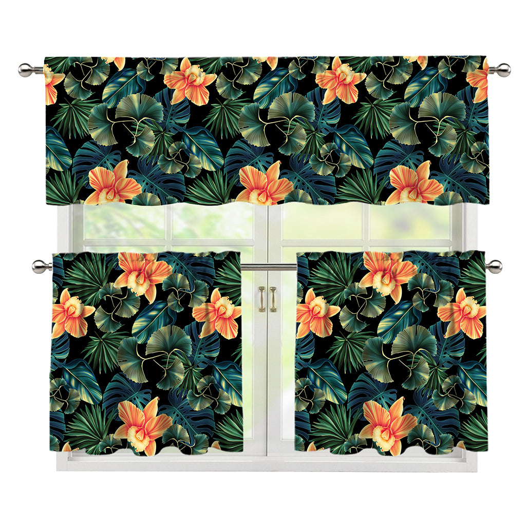 Tropical Leaf And Hawaiian Flower Print 3 Piece Kitchen Curtains