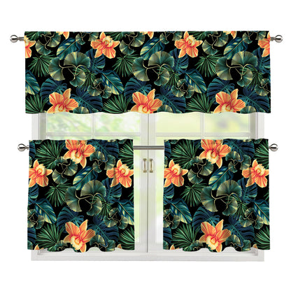 Tropical Leaf And Hawaiian Flower Print 3 Piece Kitchen Curtains