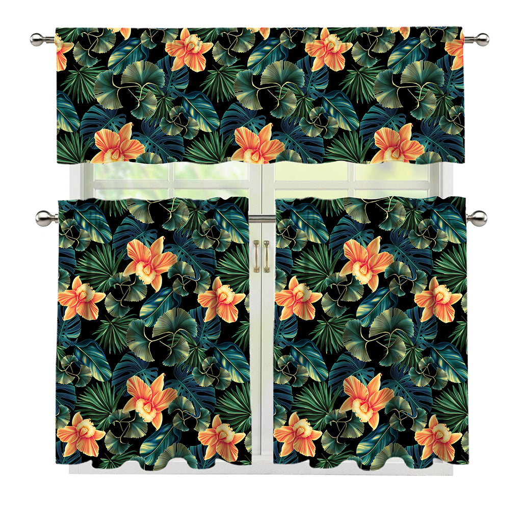 Tropical Leaf And Hawaiian Flower Print 3 Piece Kitchen Curtains