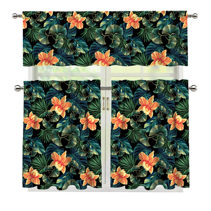 Tropical Leaf And Hawaiian Flower Print 3 Piece Kitchen Curtains