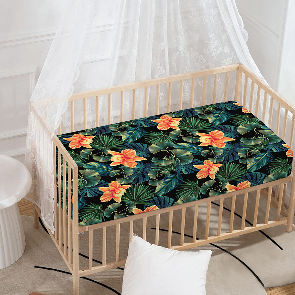 Tropical Leaf And Hawaiian Flower Print Baby Crib Sheet