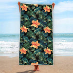 Tropical Leaf And Hawaiian Flower Print Beach Towel