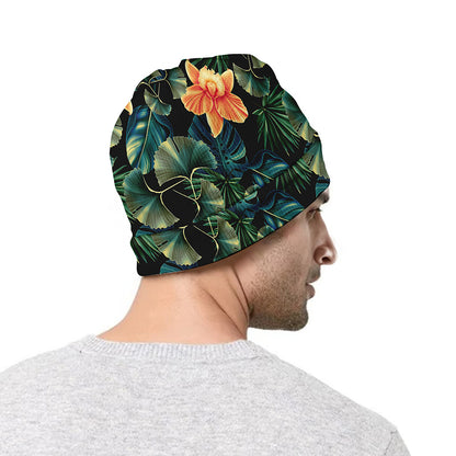 Tropical Leaf And Hawaiian Flower Print Beanie