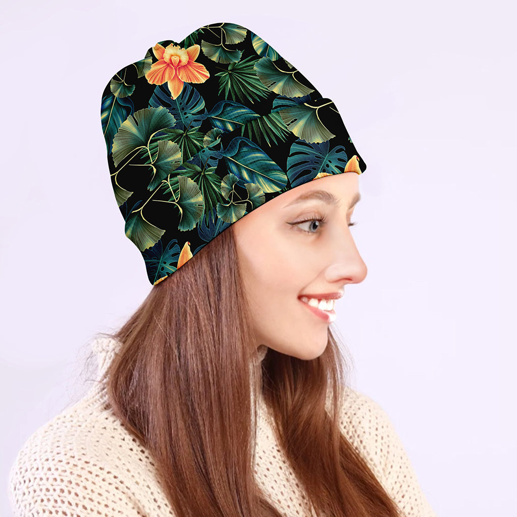 Tropical Leaf And Hawaiian Flower Print Beanie