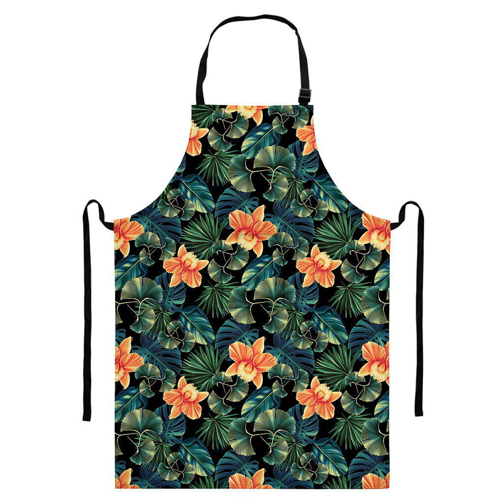 Tropical Leaf And Hawaiian Flower Print Bib Apron With Pocket