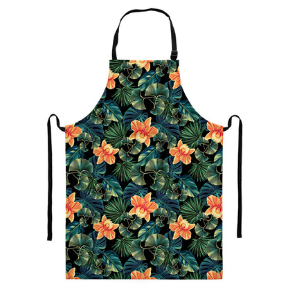 Tropical Leaf And Hawaiian Flower Print Bib Apron With Pocket