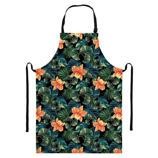 Tropical Leaf And Hawaiian Flower Print Bib Apron With Pocket