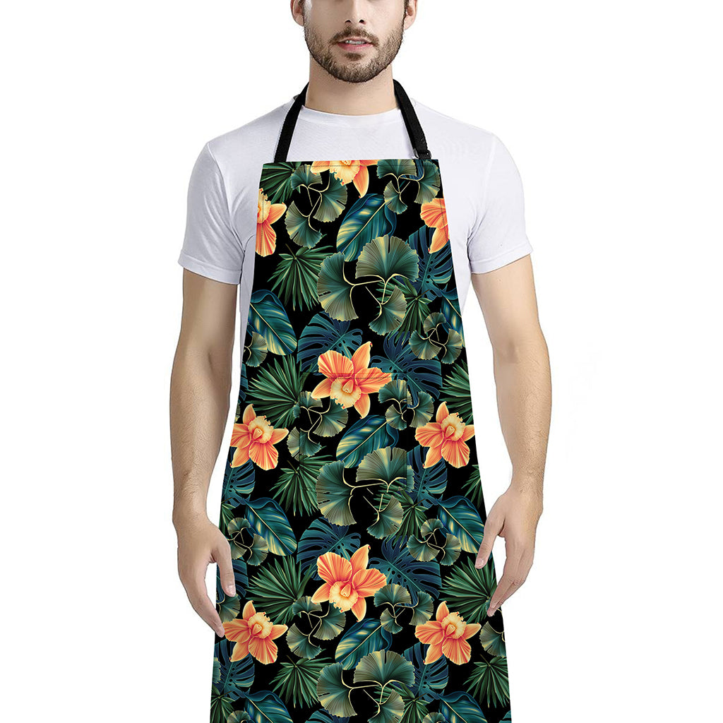 Tropical Leaf And Hawaiian Flower Print Bib Apron With Pocket