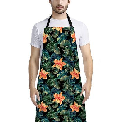 Tropical Leaf And Hawaiian Flower Print Bib Apron With Pocket