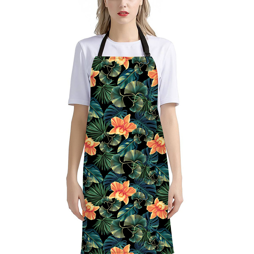 Tropical Leaf And Hawaiian Flower Print Bib Apron With Pocket