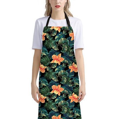 Tropical Leaf And Hawaiian Flower Print Bib Apron With Pocket