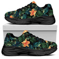 Tropical Leaf And Hawaiian Flower Print Black Chunky Shoes