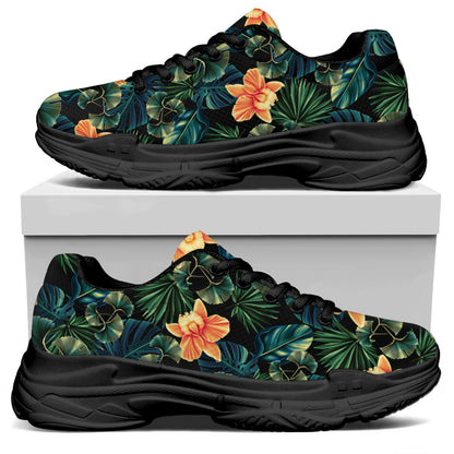 Tropical Leaf And Hawaiian Flower Print Black Chunky Shoes