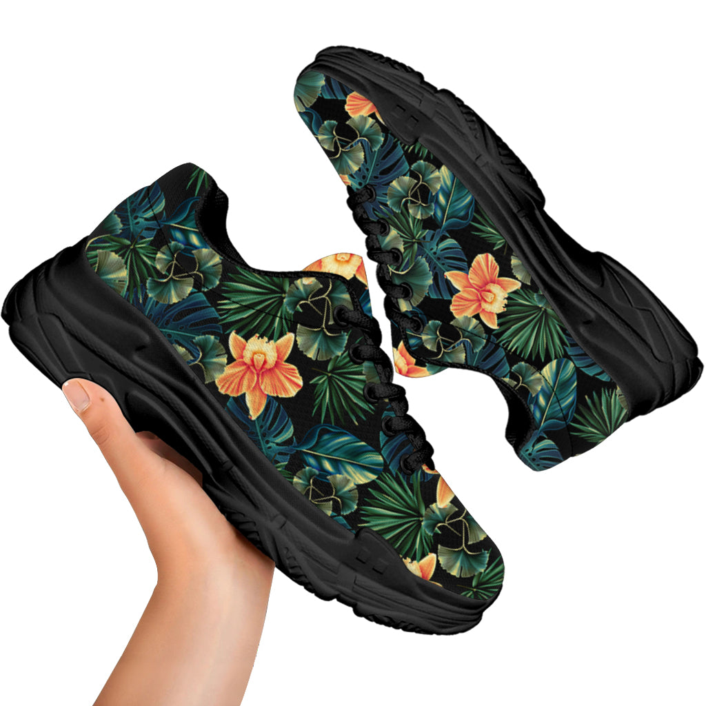 Tropical Leaf And Hawaiian Flower Print Black Chunky Shoes