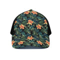 Tropical Leaf And Hawaiian Flower Print Black Mesh Trucker Hat