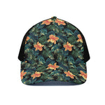 Tropical Leaf And Hawaiian Flower Print Black Mesh Trucker Cap
