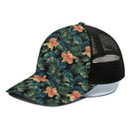Tropical Leaf And Hawaiian Flower Print Black Mesh Trucker Cap