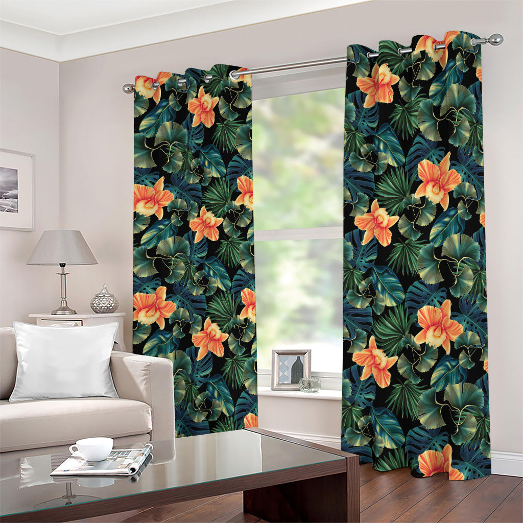 Tropical Leaf And Hawaiian Flower Print Blackout Grommet Curtains